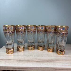 Set of 6 Antique Holzner Enamel Gilt Water Highball Glasses R Monogram Bohemian